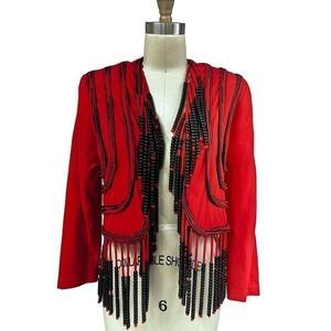 80s Mob Wife VTG Nooshin Red Cotton Jacket Black Beaded Fringe Sz S